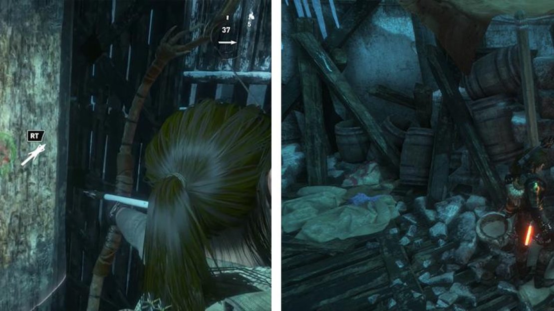 Use the Broadhead Arrows to climb the walls by the Base Camp (left). At the top you’ll find Relic 10 (right).