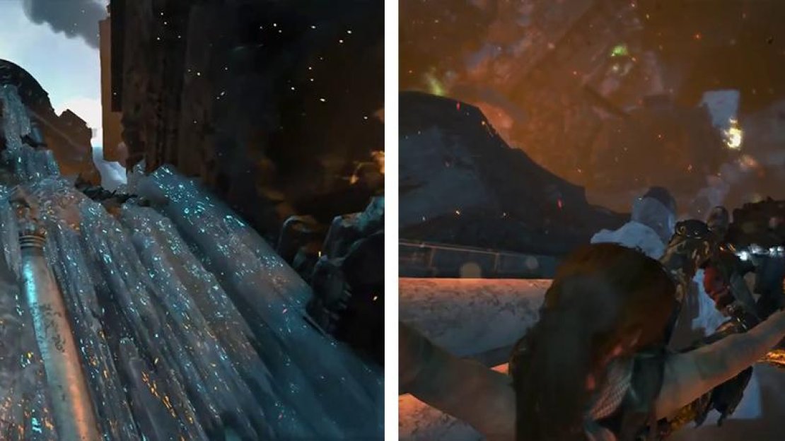 Climb to the very top of the area (left) and shoot the Deathless soldier during the scene to continue (right).