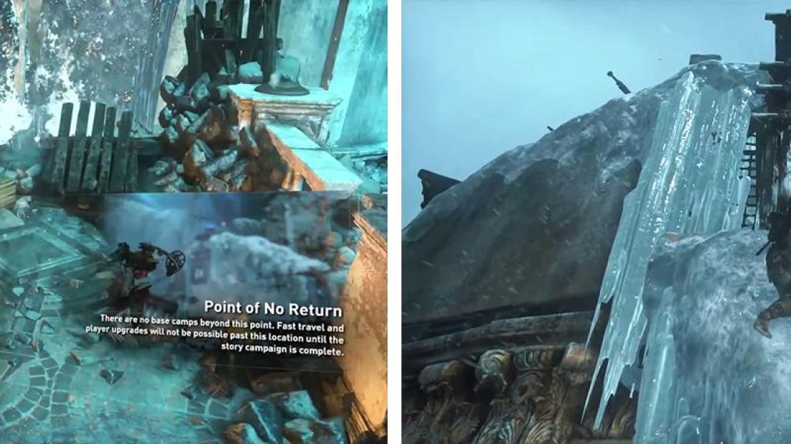 When you reach the Base Camp this is the point of no return (left). Climb the ice wall ahead to the top (right) to start the final section of the game.