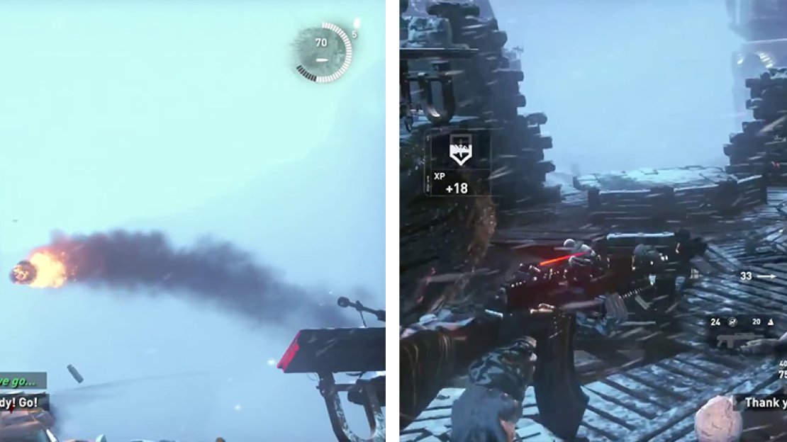 Signal trebuchet fire and shoot the projectile (left) to damage the helicopter. Use the raised areas on the sides of the area to get a vantage point over enemies (right).