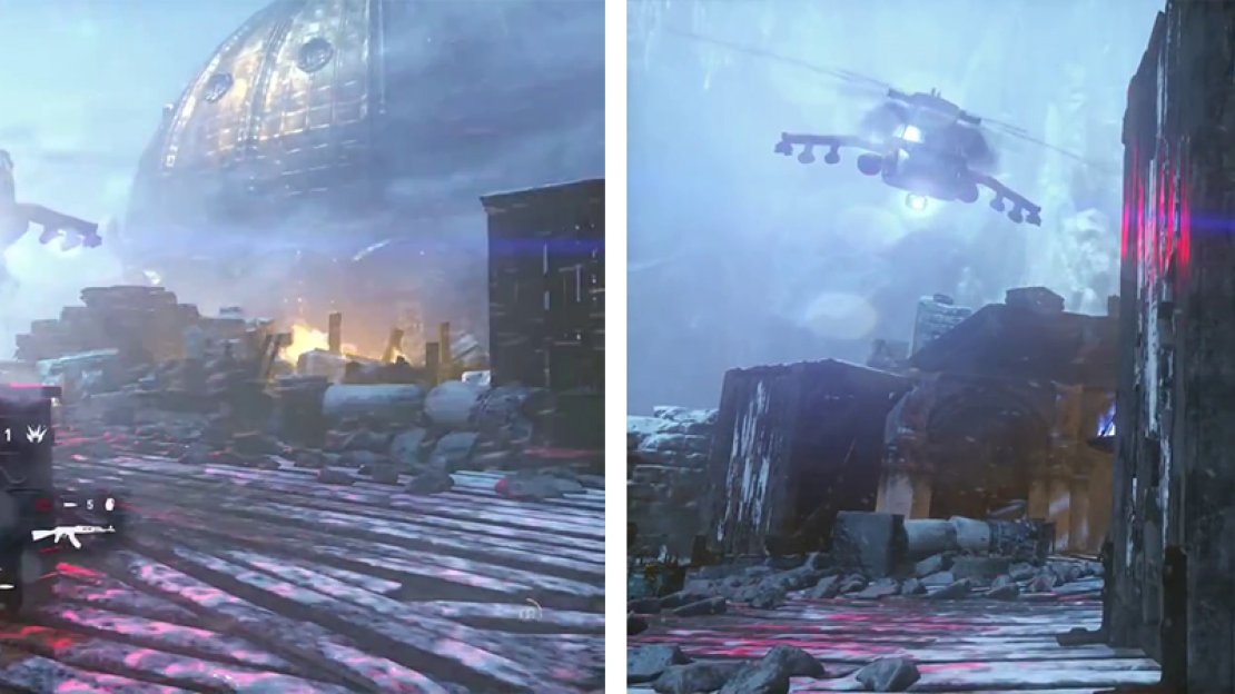 The third time around, the helicopter will destroy most of the rooftop (left). Ensure that you transition between sections of cover at this point to avoid its fire (right).