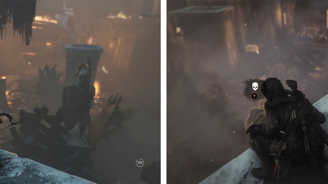 To do things quietly you can stay on the pillars and track enemy movement (left) before performing death from above attacks on them (right).