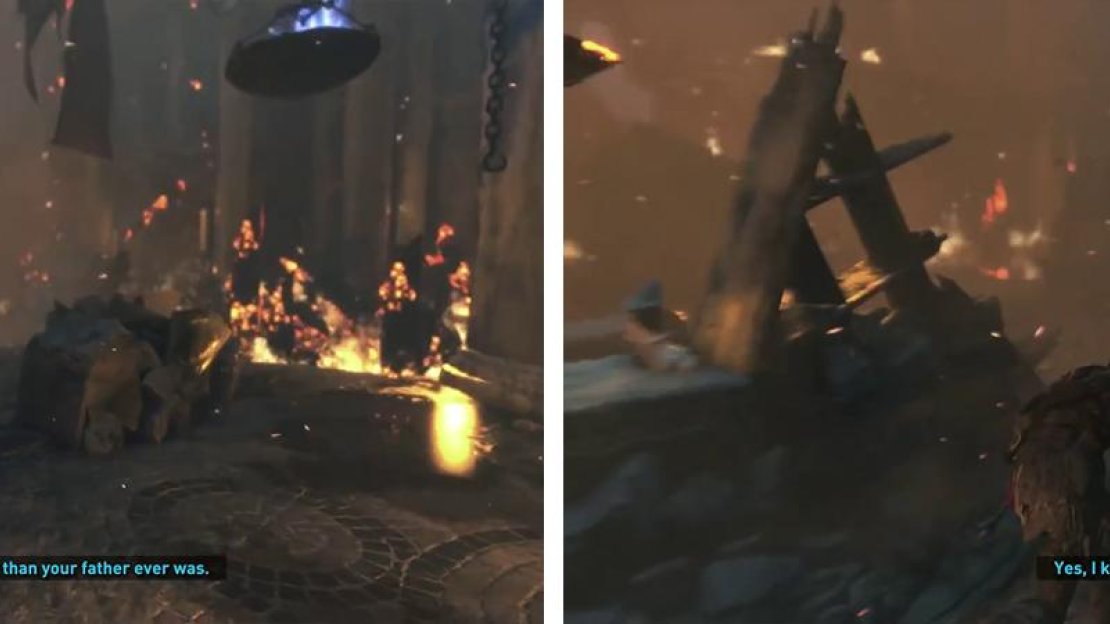 Use projectiles to distract the boss (left) before sneaking up on him and using takedowns (right) to damage him.