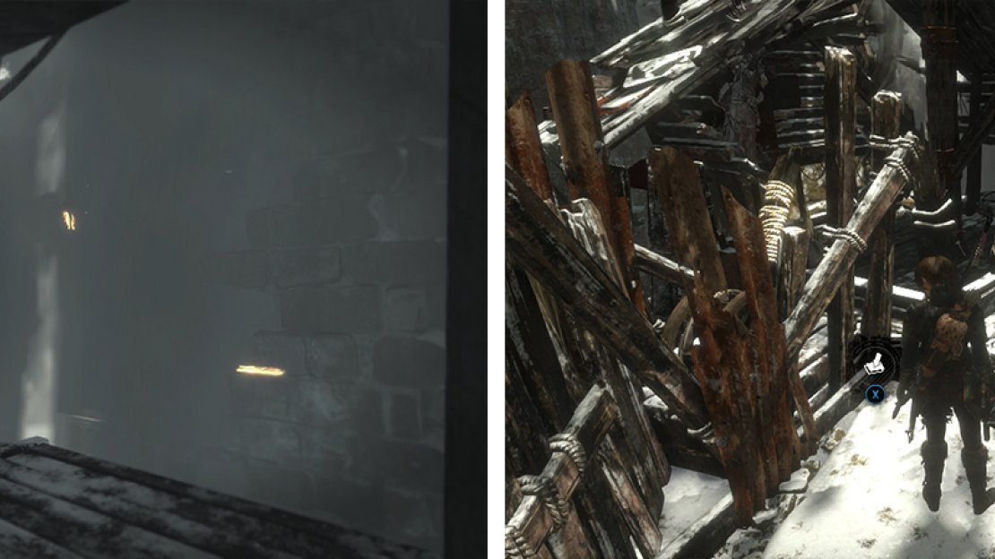 After riding the gondola, look behind the waterfall nearby for Document 13 (left) and on the nearby platform for Survival Cache 03 (right).