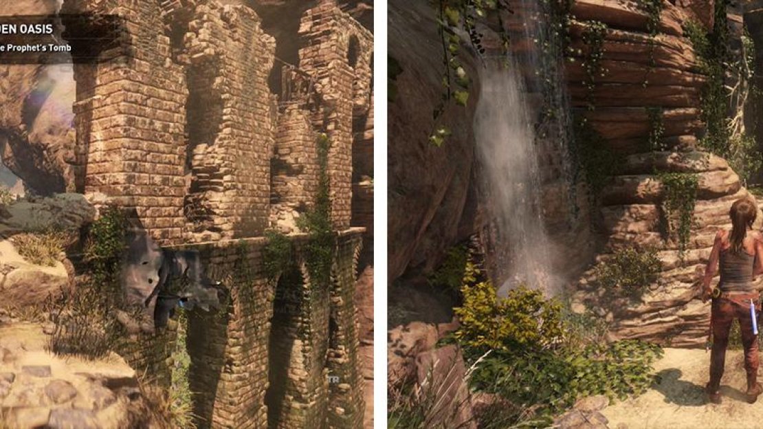 Climb along the back of the archway (left). Hop down the successive platforms to reach the tomb (right).