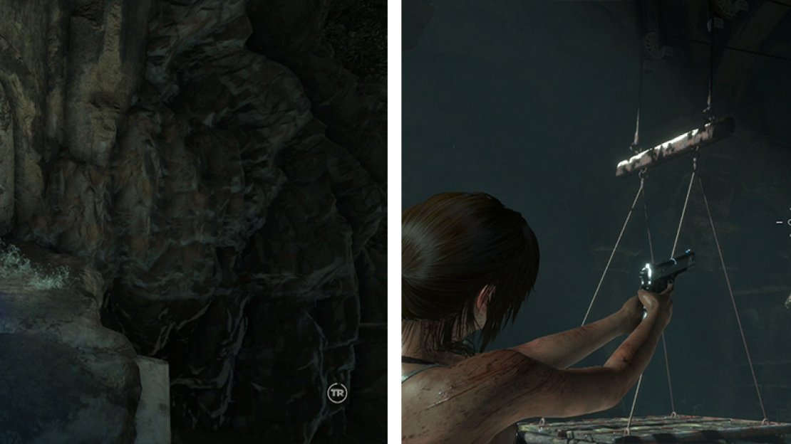 Destroy the weak wall (left) to raise the water. Drop the pallet before standing on the hanging platform (right) to reach the ledge above.