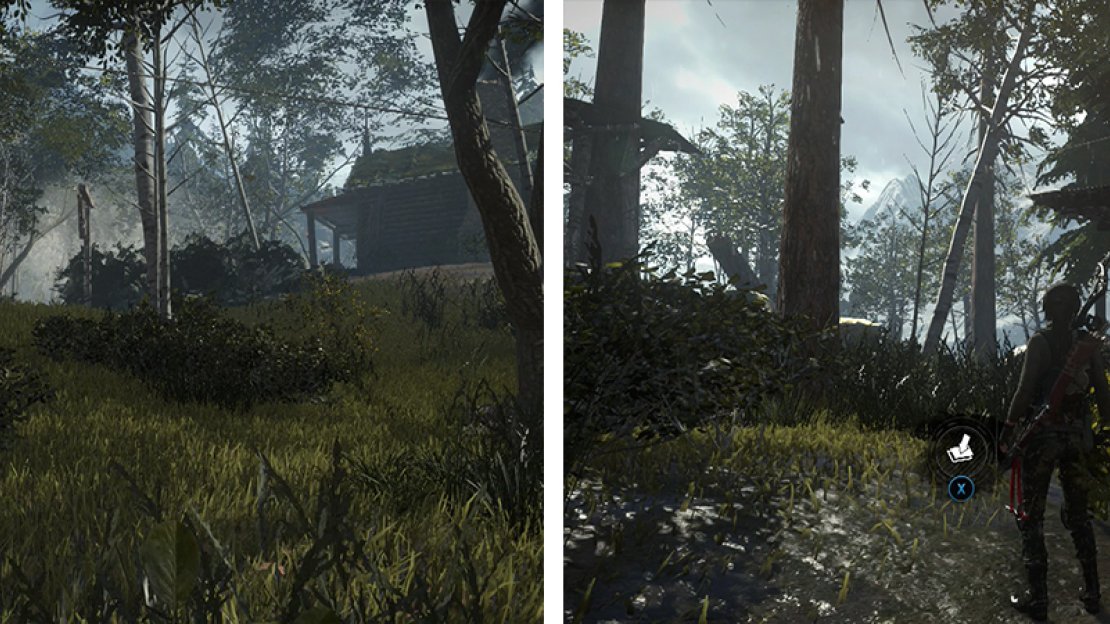 To the south of the hunting shack is Survival Cache 08 (left). By the base of the cliff to the east is Coin Cache 03 (right). Watch out for the leopard!