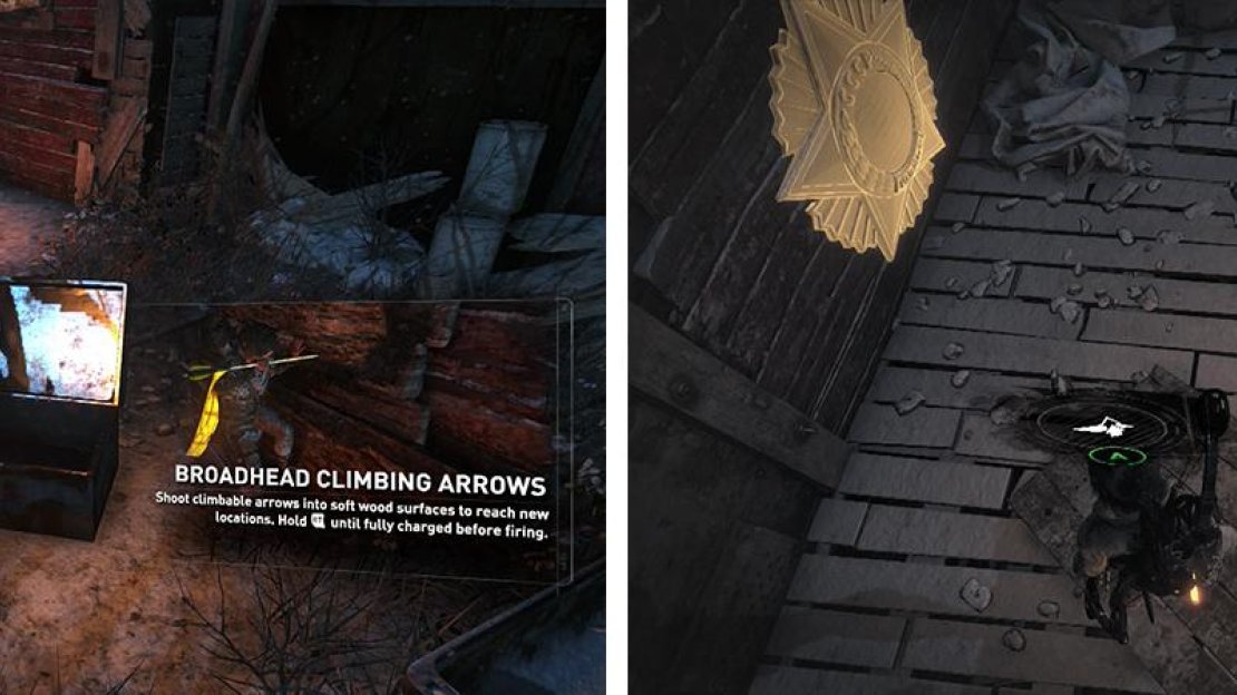 Loot Strongbox 12 for the Broadhead Arrows (left). Climb the wall nearby for Mural 12 (right).