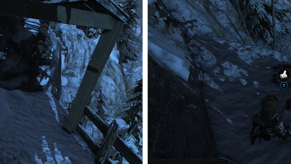 Use broadhead arrows to climb the wall by the supply shack. At the top is Document 26 (left) drop down to a ledge beneath this with Survival Cache 19 (right).