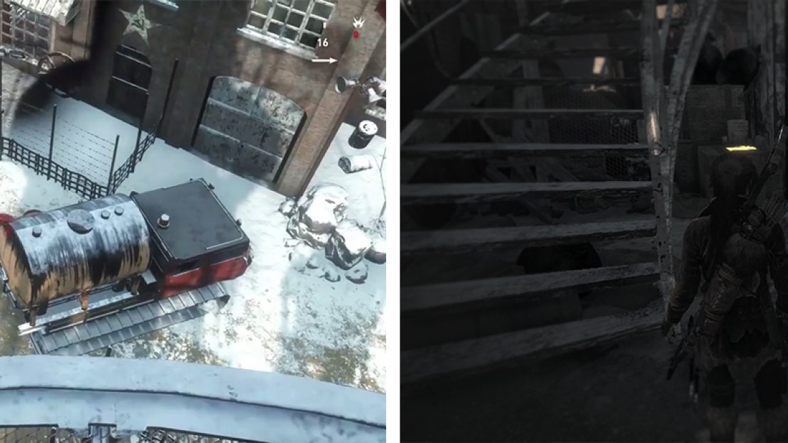 After reaching the circular platform, shoot the fuel tank below (left). Enter the prison and look beneath the stairs for Document 04 (right).