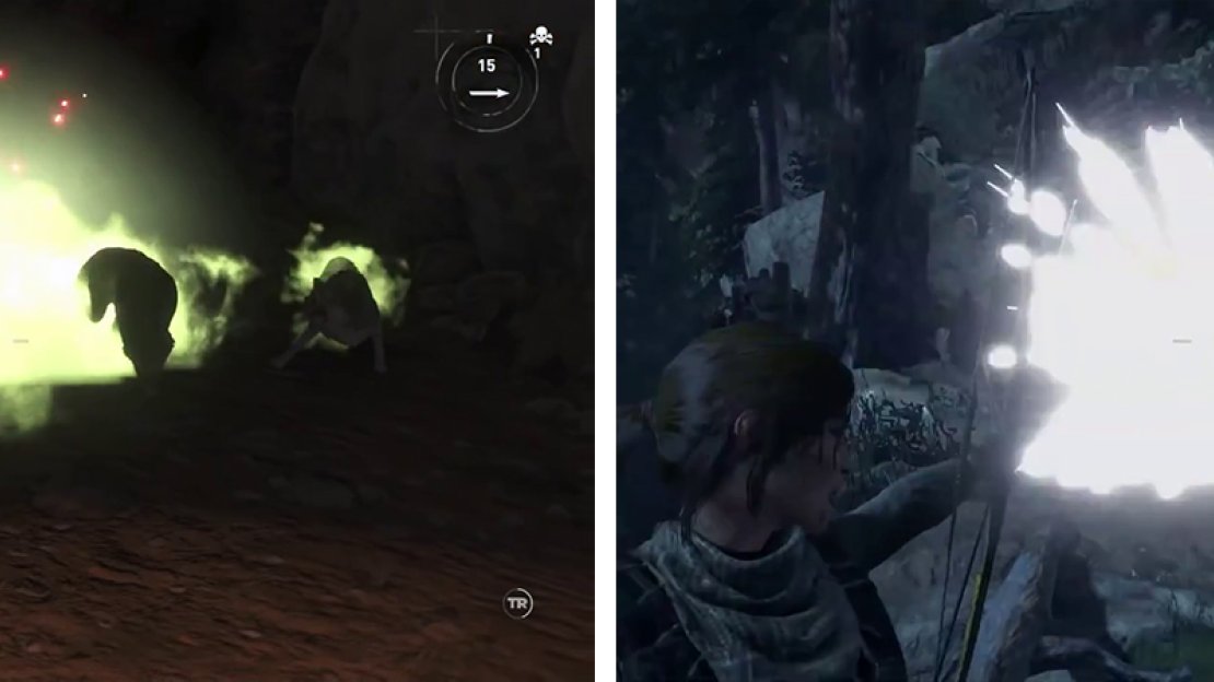 Poison Arrows will create a gas cloud (left). Grenade Arrows can be uset to break down barriers (right).