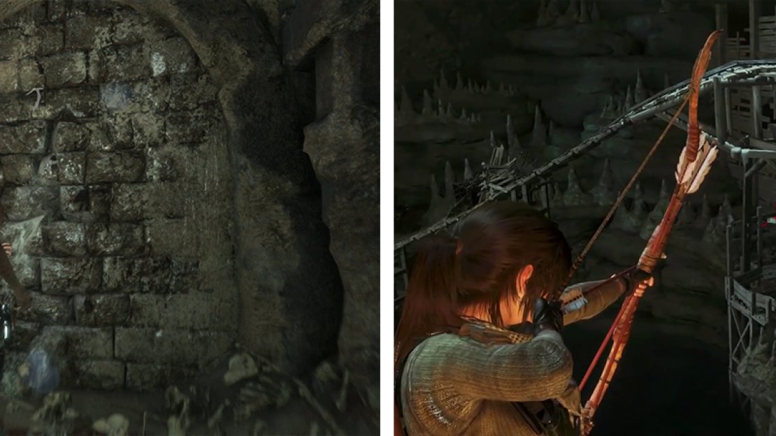 The Pickaxe can be used to take down weak walls (right). Rope Arrows can be used to create ziplines (right) or pull down barriers.