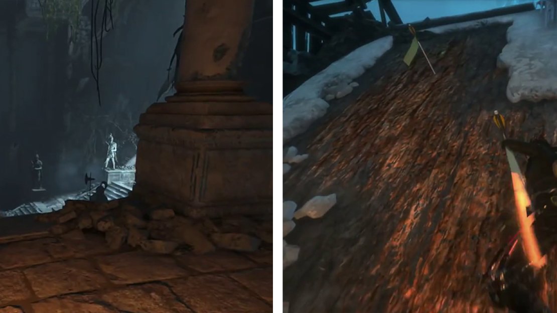 The Wire Spool can be used on hanging beams to grapple across gaps (left). Broadhead Arrows can be used to climb sections of weak wood (right).