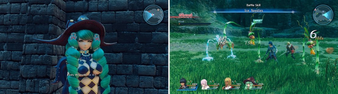 Take the chance to grind some on the Resulian Plains (right), since you have Fiore in your party for now (left).