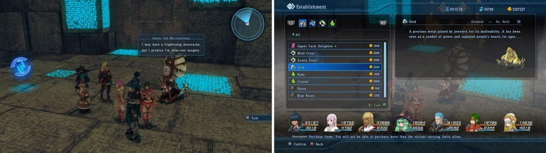 Santa can be found by the save point in each major area (left). His wares change every time you talk to him (right).