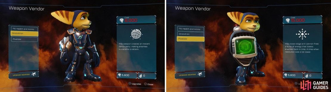 The Groovitron (left) and Pixelizer (right) are both very great weapons to have in your arsenal.