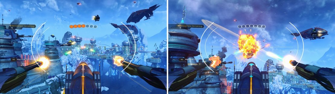Charge the main cannon by shooting the smaller ships (left) and when it&rsquo;s ready, let loose on the battleships (right).