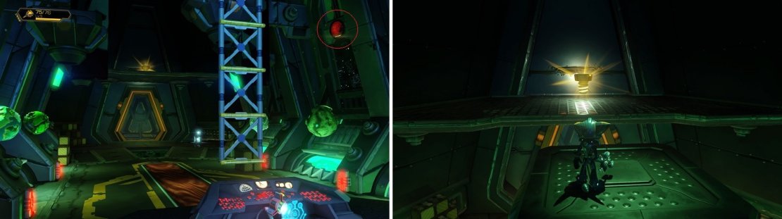 Hit the switch (left) to gain access to the upper levels of Drek&rsquo;s Office, letting you grab the Gold Bolt (right)