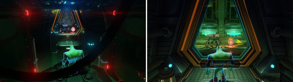 Some instances will require you to deactivate the Hologuise to get through some hazards (left). To progress, you&rsquo;ll need to wave at guards to get rid of barriers (right).