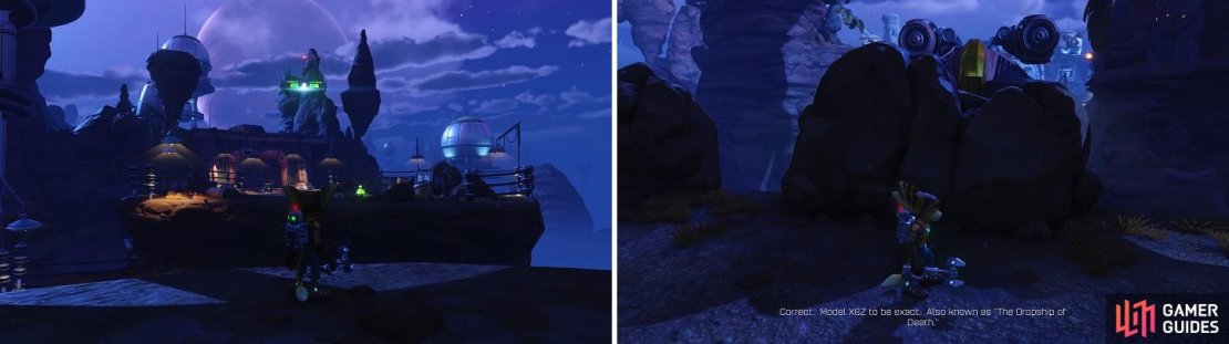 The little targets in the air (left) signify that you can use the Swingshot. Use the rock walls (right) to protect yourself from the Dropship&rsquo;s fire.