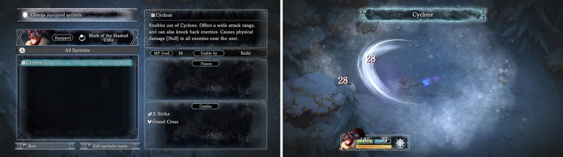 Equipping spritnites on your characters (left) will enable them to use various techs in battle (right).