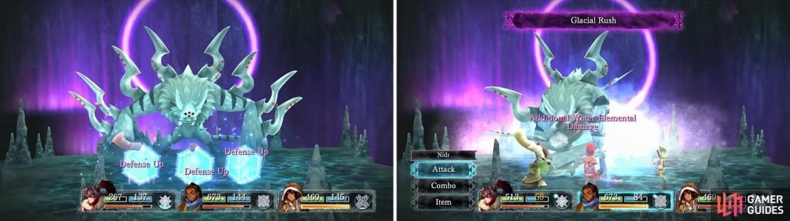 Aeterna&rsquo;s Protect is very useful in this fight (left). Glacial Rush is the boss&rsquo; weakest move, since it only hits twice (right).
