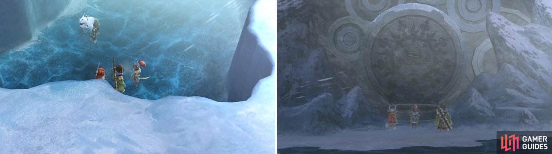 Be careful of the Crystal Shroomback, as it is very powerful (left). You&rsquo;ll need to do a bit more to open the big door blocking your progress (right).
