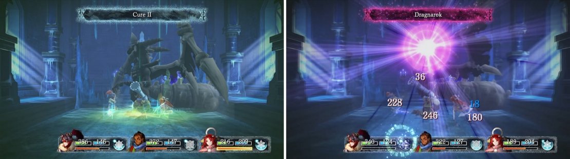 Setsuna&rsquo;s Cure II (left) will heal pretty much every attack. Make sure you&rsquo;re fully healed when you defeat the boss, as it will use Dragnarok (right).