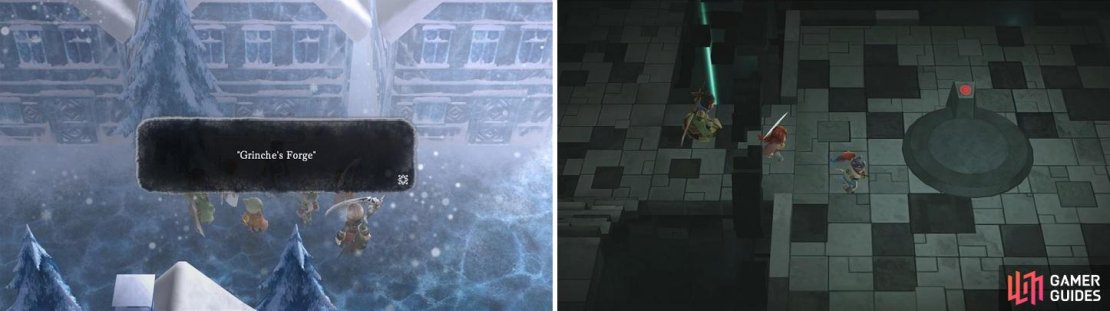You&rsquo;ll find out the blacksmith&rsquo;s name is front of a house in Last Lands&rsquo; first area (left). Look for the inactive teleporter inside Archimell Ruins (right).