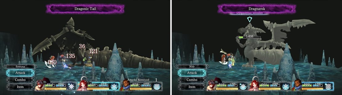 The fight against the Dysphormic Monster is mostly the same as last time, except it can use Dragonarok whenever when its health is low (right).