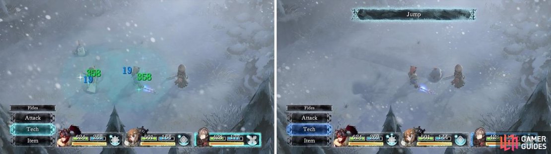 Chakra is great since it heals both HP and MP (left). Jump makes it so Julienne is off the battlefield until she lands (right).