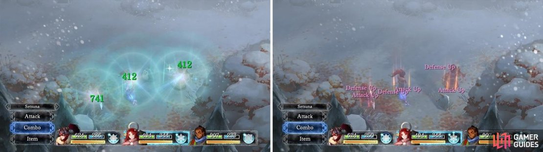 Endir&rsquo;s Aura is one of your first group heals (left). Battlecry is one of the better buffs in the game (right).