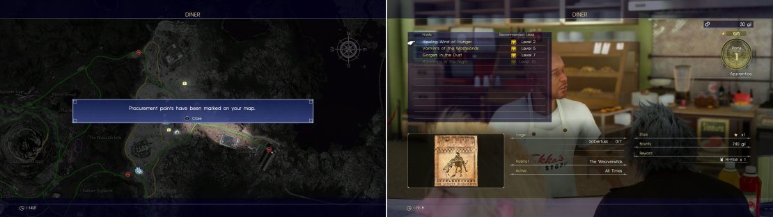 “Talk“ to restaurateurs to gain map intel (left). Many also provide hunts, which are a great way to earn extra Gil and experience (right).