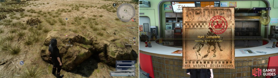 Marked Treasure Spots can be found throughout the world, providing static, respawning loot (left). When you’re done with the hunt return to Takka to claim your well-earned reward (right).