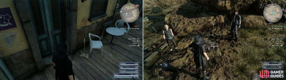 Pick up Mystery Map I on the porch of the inn (left). In the wilderness you’ll find the abandoned camp of the hunter you’re looking for (right).