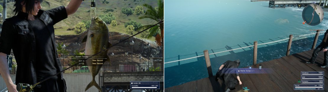 If you want to be ahead of the game, go fishing for some Trevally (left). On the pier you&rsquo;ll find a Metal Scrap, which will be useful for a weapon upgrade later (right).