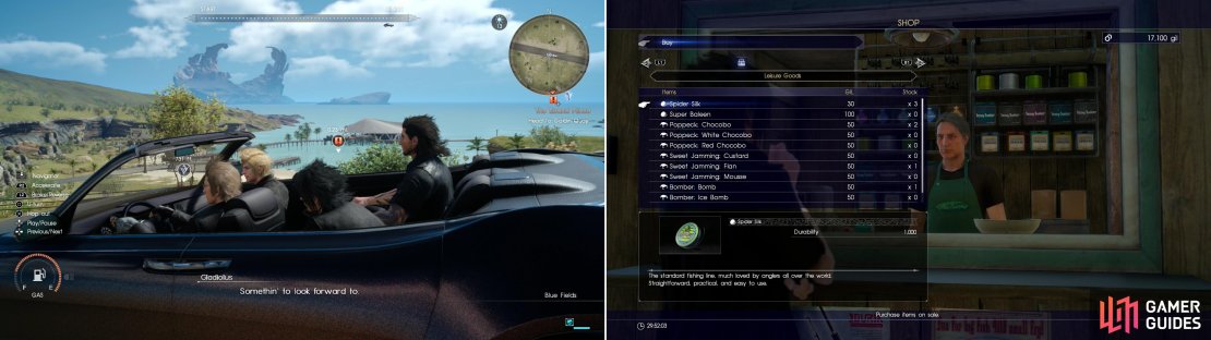 Let Ignis drive you to beautiful Galdin Quay, enjoying the sights along the way (left). Bob&rsquo;s Bait Shop sells some improved fishing equipment (right).