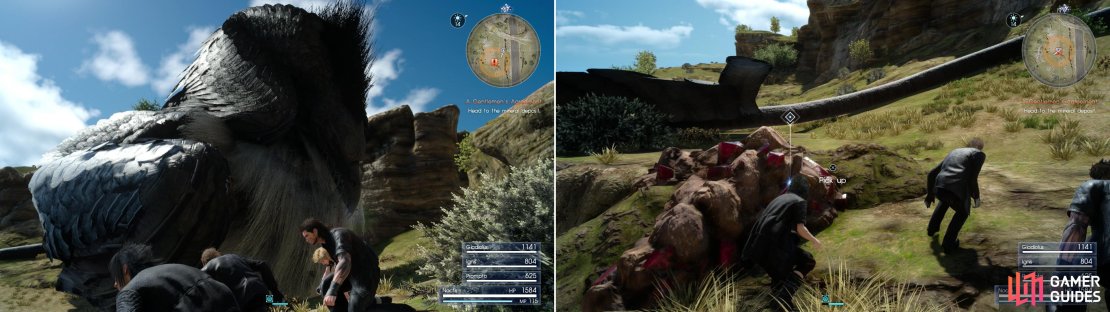 Sneak past the giant, sleeping bird with one pair too many wings (left) to reach the mineral deposit where you&rsquo;ll find the stone Dino wants (right).