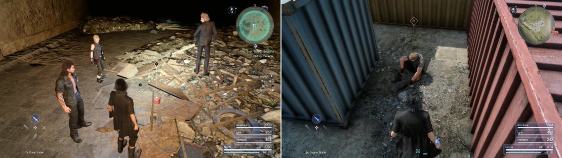Defeat any pesky Goblins in your way and claim the rare Aero Wax (left). Outside of the mine you&rsquo;ll find a wounded hunter licking his wounds amongst some shipping crates (right).
