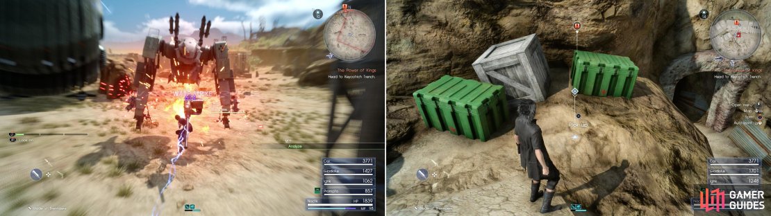 If you want to tackle bigger game, you can go after the empire&rsquo;s Magitek Armor (left). Be sure to search outside the mine entrance to score the Bioblaster (right).