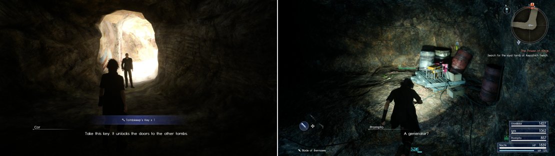 Cor will party company with you when you enter the mine, but he&rsquo;ll give you the Tombkeeper Key to help your tomb plundering endeavors (left). Turning on a generator in the mine will provide illumination (right).