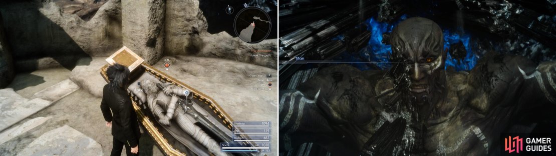 Approach the tomb and collect the Blade of the Mystic (left) after which you&rsquo;ll get a nice friendly hello from The Archaean himself (right).