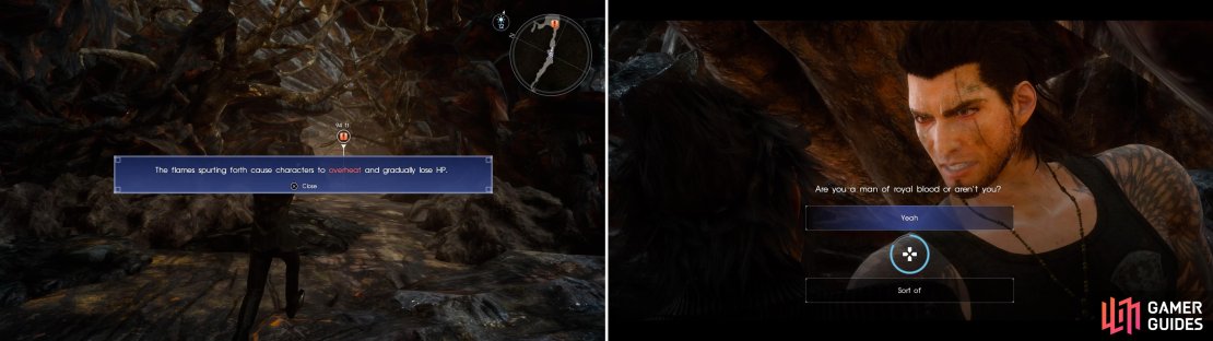 Stay out of the flames as much as you can (left) or your characters will lose HP. A bit further along, answer &ldquo;Yes&rdquo; to Gladiolus to get a Strength boost (right) or &ldquo;Sort of&rdquo; to get a Vitality boost.