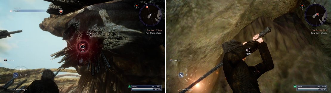 Hold the block button (left) to block Titan’s powerful attacks then press Parry (right) to counterattack.