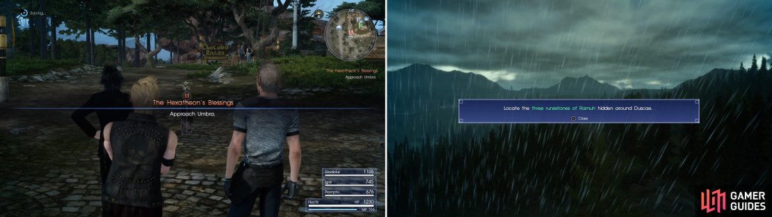 Follow Umbra (left) to meet with Gentiana and then prepare to find Ramuh&rsquo;s runestones (right).