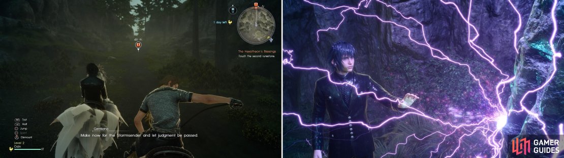 Unlocking the ability to ride Chocobos (left) is a very good idea now you&rsquo;re without the Regalia. When you find the Runestones, touch them to continue the quest (right).