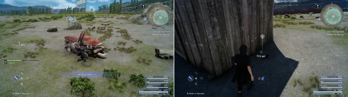 Garulas prowl around a shack in the wilderness, near where Dave&rsquo;s hunter went missing. By getting rid of them you might just kill two birds with one stone by getting a Garula Sirloin for Takka (left). It&rsquo;s small consolatio for the missing hunter, however (right).