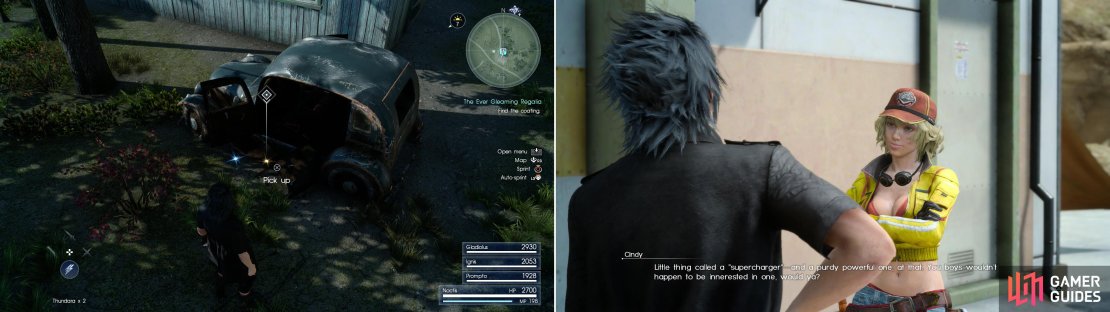 Ignore the Garula nearby and grab the Fiberglass Coating (left). Unfortunately Cindy’s next quest will have to fester in your quest log for a while, as you can’t venture up to the Vesperpool area just yet (right).