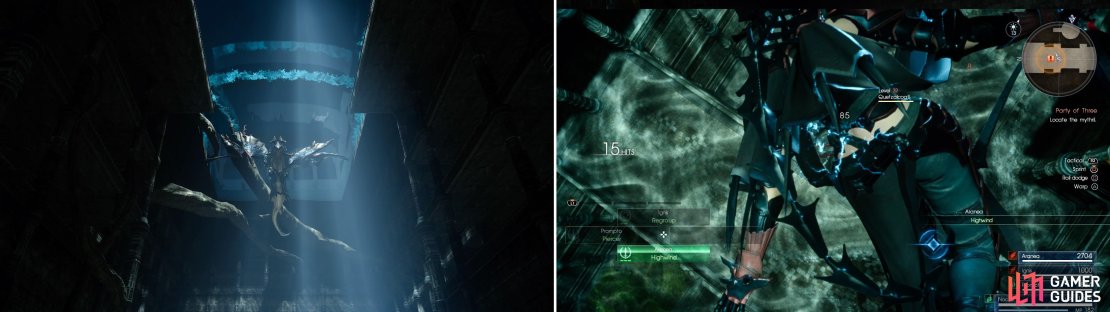 Quetzalcotl (left) uses strong, electric attacks but thankfully, Aranea’s Highwind Link attack (right) helps enormously.
