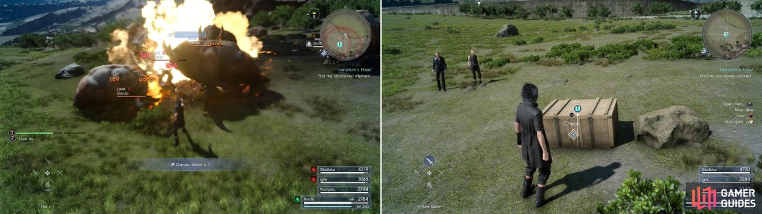 The Garulas near the shipment can be avoided, or can be evicted with some fire magic (left). Either way, claim the shipment to appease Takka (right).